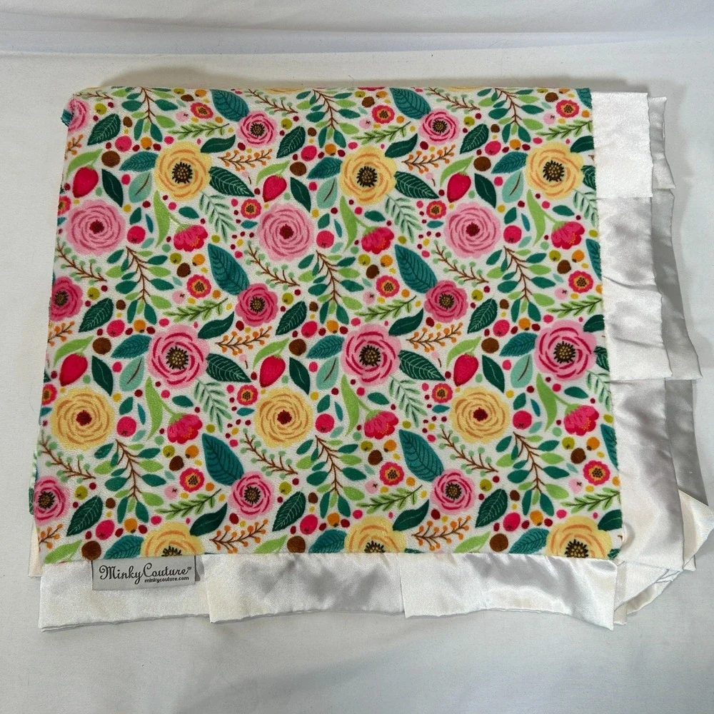 Minky Couture Baby Blanket Infant 38x32 Satin Ruffle Flowers Pink Posh Gift Boho